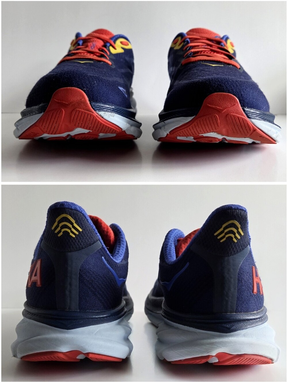Hoka (8 Wide) Clifton 9 Road Running Shoes, Navy Blue Orange & Yellow - Picture 6 of 15